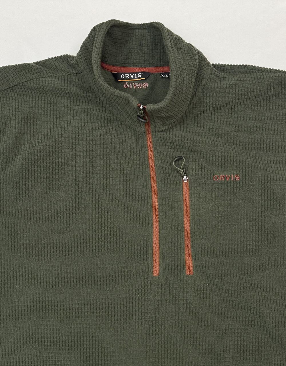 Orvis Fleece Pullover Mens 2XL Green 1/4 Zip Grid Mock Neck Chest Pocket Outdoor